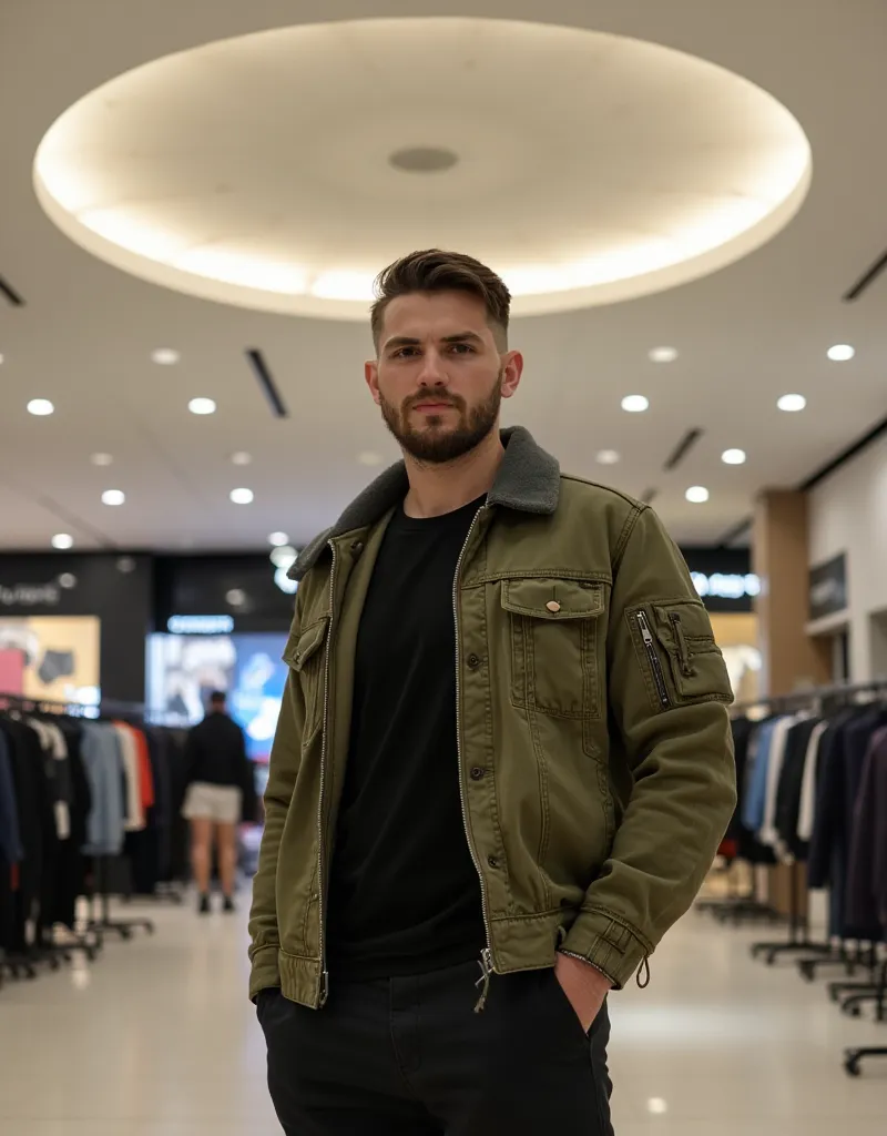 Photograph of a young hansome man with short black hair and short trimmed beard, smiling at tge camera, standing in a modern, well-lit shopping mall. He's wearing an oversized olive-green jacket over a black shirt and dark pants. He has a slim fit muscular...