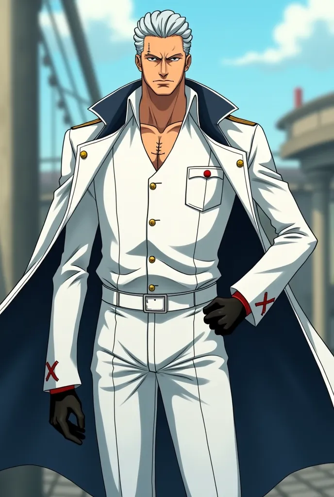 create a grey-haired man in a white navy suit with a coat around his back his face is serious and he wears black gloves. In the art style of Japanese animation One Piece by Eichiro Oda