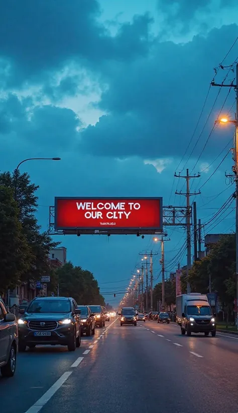 Create a picture of the atmosphere of the road with a border billboard. The billboard is long.include a background of cloudy blue sky and the inscription "WELCOME TO OUR CITY." The road under the billboard should show various vehicles, including black cars...