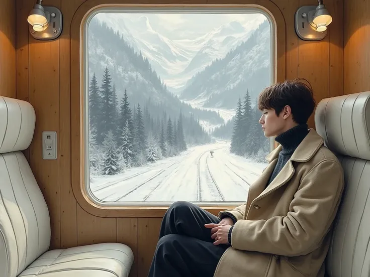 2D style, thick impasto oil painting texture, Andrew Wyeth's melancholic aesthetic, [Nordic minimalist train interior: pale wood paneling/geometric line seats/cashmere throw/matte metal lamps], young male student (short hair, dark gray turtleneck/beige coa...