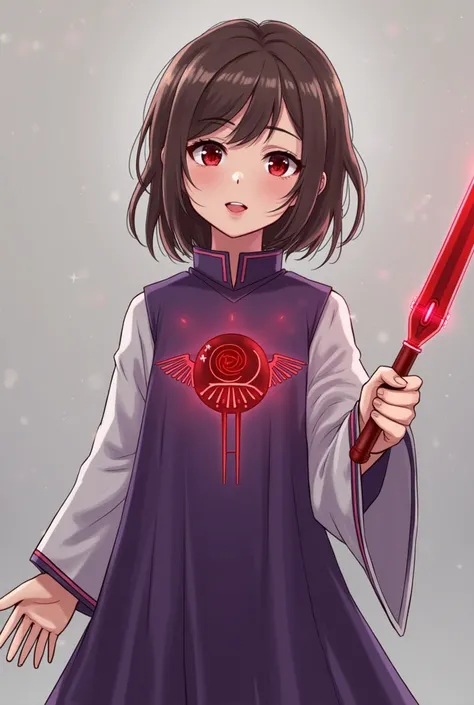 girl with red eyes, medium length brown hair with side bangs, , a long purple robe with white sleeves and an image on the chest that shows an orb that has two wings on its sides., bright red knife in his right hand, 