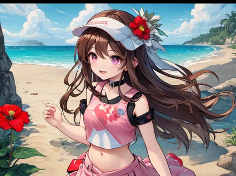  an anime girl,  Pink Eyes, long dark brown hair , (( dark brown hair )),  pink sportswear, good face, cute body, big arms and legs, pleated pink skirt, pink sports skirt, ((Black fitted short top )), Square black sleeveless fitted compression crop top, [[...