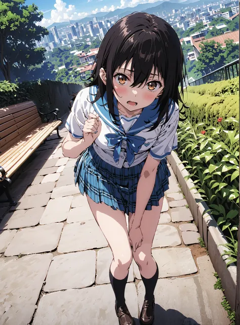 Yukina Himeragi,short hair, black hair, brown eyes, medium chest, mad at my anal,blush,is embarrassing,open your mouth,skirt, bow, school uniforms, pleated skirt, sailor suit, sailor color, blue skirt, plaid , blue bow, black high socks, is standing, be...