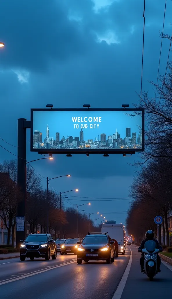 Create a picture of the atmosphere of the road with a border billboard. The billboard is long.include a background of cloudy blue sky and the inscription "WELCOME TO OUR CITY." The road under the billboard should show various vehicles, including black cars...