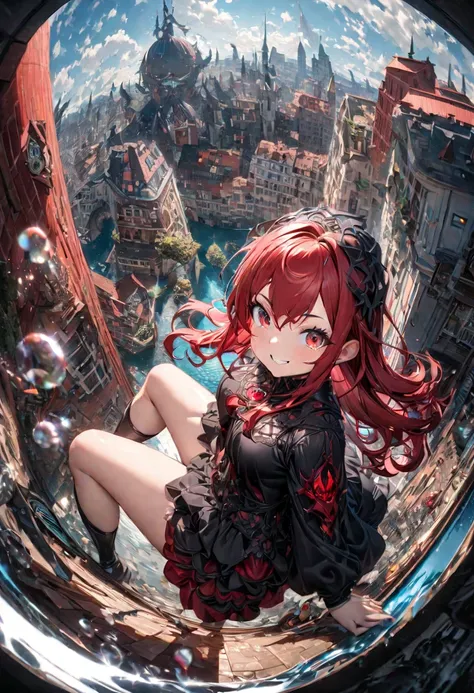 very detailed, 8k, Glass, Water in a Glass, Beautiful Glass ball in a Glass, bubble, , Nice,         bright　 red hair.A cute knee-length smile.Space of Illusion.Other Illusions. Red Eyes.  Cute Fairy Absurd, High Resolution, very detailed, (one girl:1.3),r...