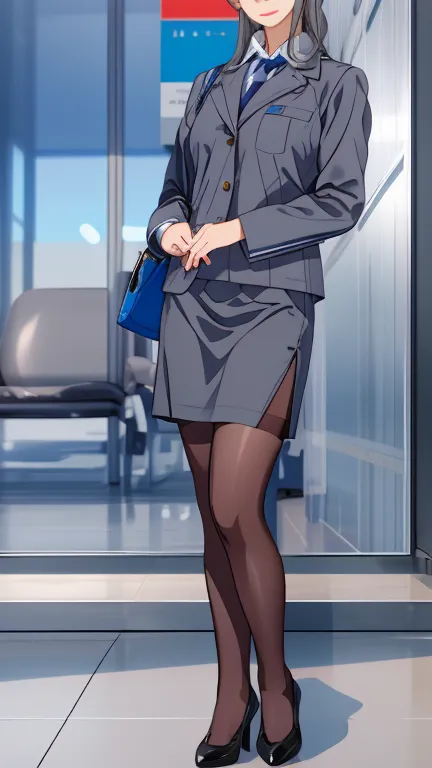 nsfw stewardess uniform  （ANA flight attendant uniforms、 black pantyhose、Heeled pumps）、The jacket is gray、The skirt is dark gray、with a blue scarf wrapped around the neck