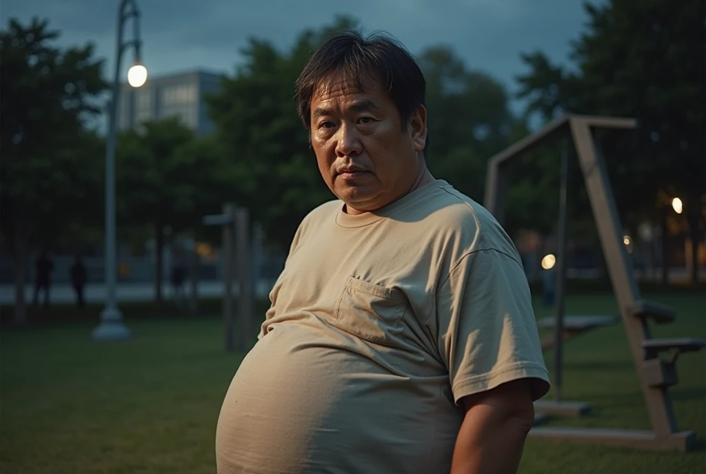 A 50-year-old Japanese man with an unhealthy, overweight physique, carrying excess fat around his stomach and face. He is wearing casual clothing that emphasizes his large, metabolic belly. His posture is slouched, with a slightly hunched back, conveying a...