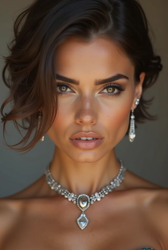 A woman with natural tanned skin,with short hair up to above the shoulders,brown eyes with sharp eyes and with a makeup of black and brown shadows that show off their brown eyes, thick lips and a contoured nose,with a slightly prominent neckline with a dia...