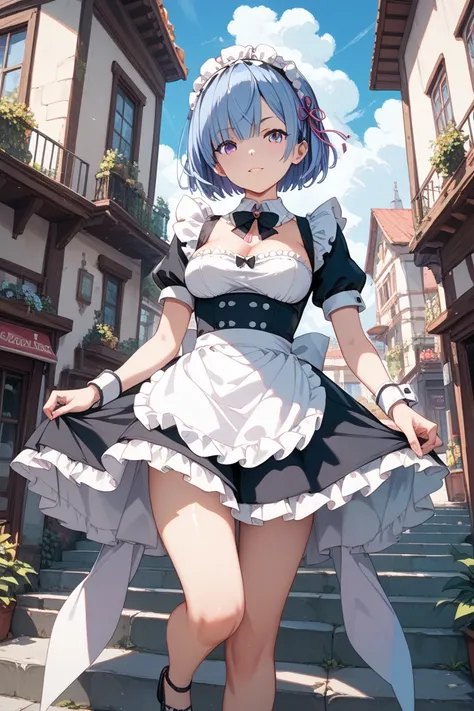 Rezero、Rem、maid clothes、Her breasts are visible、 pants in full view with the building in the background、Open your legs too