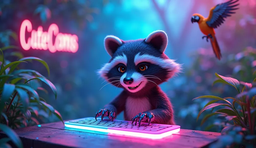 "A vibrant YouTube banner with a 3D animated jungle scene: a grinning raccoon typing on a holographic keyboard, a robotic parrot flying above, and a neon 'CuteComs-Studio' title floating in mid-air. Bright colors (electric blue, neon pink), digital glitch ...