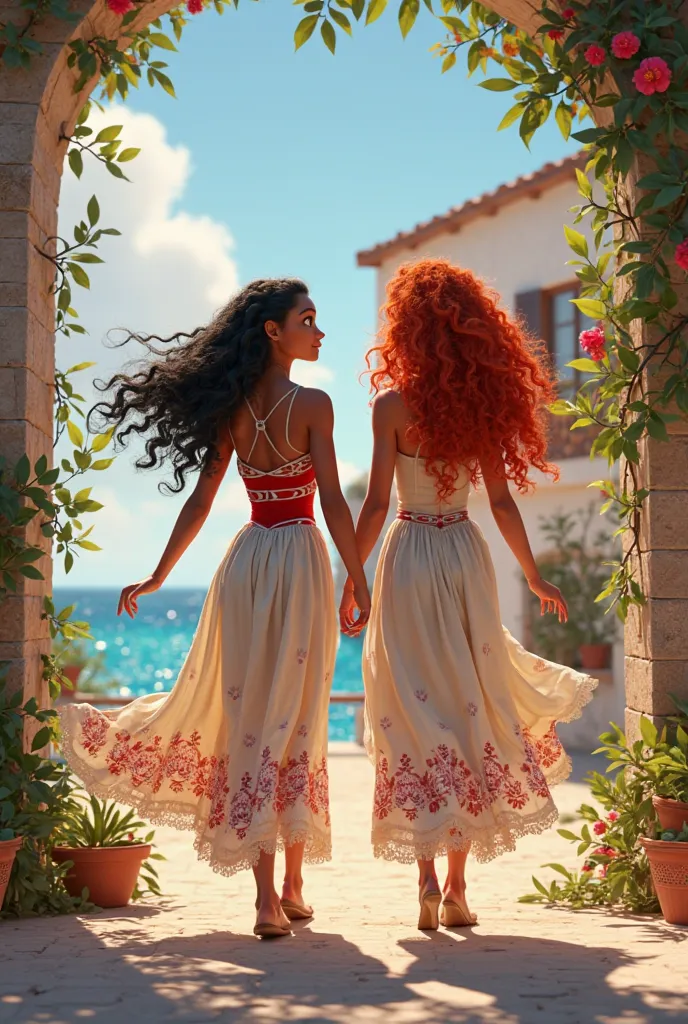 Take Moana and Merida on vacation in Greece, With very summer and flowing clothes, Very Greek