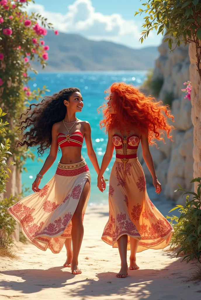 Take Moana and Merida on vacation in Greece, With very summer and flowing clothes, Very Greek