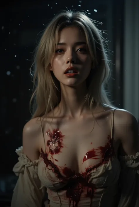 Make sure the beautiful woman's blonde hair、Fair skin color and 36D chest characteristics are accurately represented。
Chest wounds need to be visible but not excessively bloody，emphasizes emotional shock rather than violent details。
The werewolf is realist...