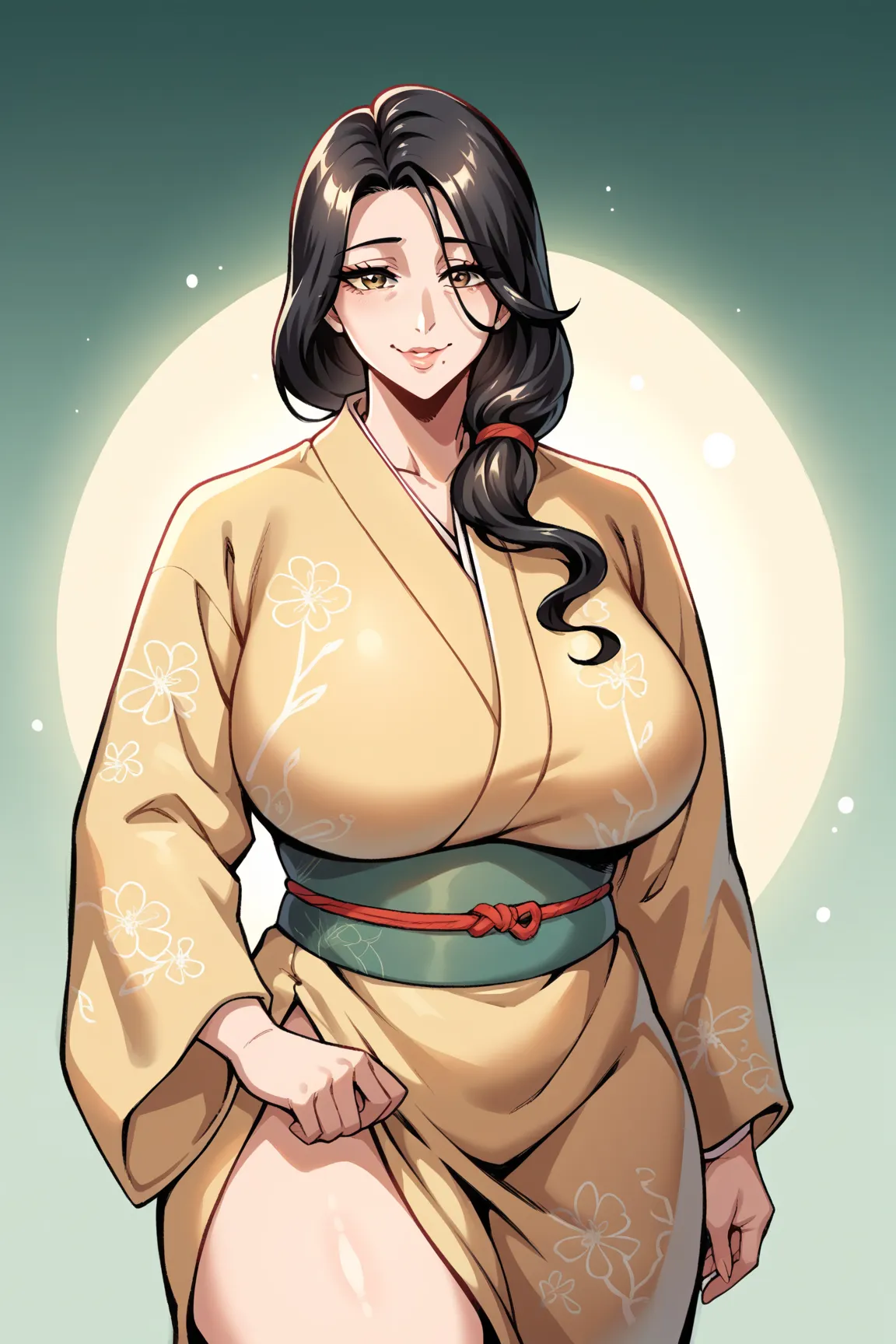 Fumiko   , a girl,Alone ,Mature woman,long hair , very large breasts, yellow kimono ,cowboy shot,Sexy Hands On Sexy Hips,looking at the spectator,   shy smile, indoors, huge boobs ,thick thighs