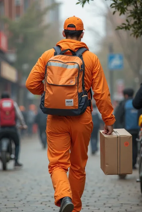 The image of a person wearing an orange delivery and wearing a bag is from afar and complete 