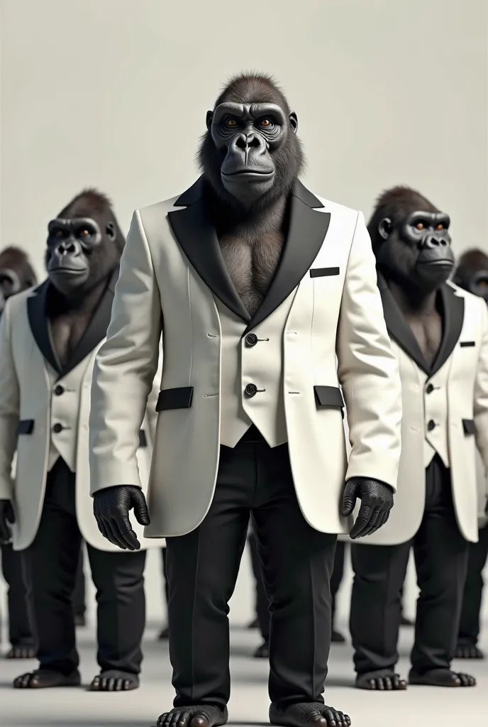 Make the image of 11 gorillas dressed in white suits with black details and black pants 