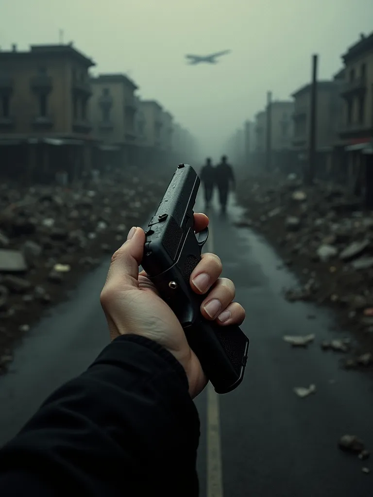 The hand of a woman holding a gun, in the background you can see a city in rubble and dark because of a war there are no people just the hand on the plane. YOUR HAND LOOKS A LITTLE SCRATCHED AND THE HAND COMES OUT HORIZONTAL NOT VERTICAL