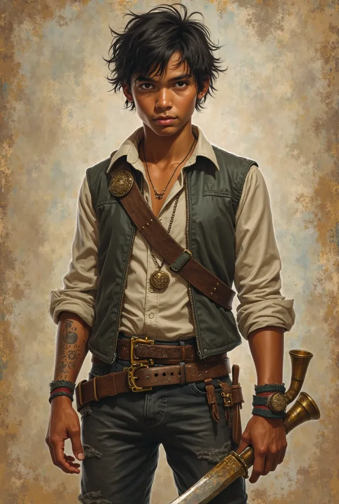 *"A 15-year-old Mexican boy from the universe of Percy Jackson, represented in the classic oil painting style.  He has brown skin ,  Dark and expressive eyes ,  and short, messy hair . His face bears striking Latin features,  with a determined and confiden...