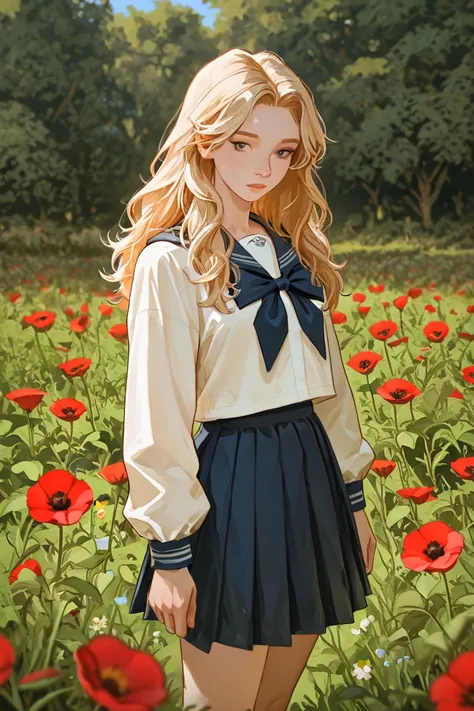 Young boy with short blonde hair, warning a English school uniform from the 19s, a background of plants, with few wildflowers, and red poppy flowers, sketchy, dream aesthetic, masterpiece.