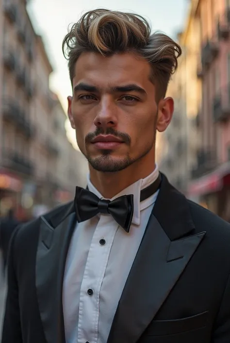 Young man with goatee and mustache wearing black bow with blonde highlights street dress 