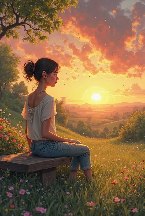 a girl sitting in a bench at the field of green and garden watching the sunset