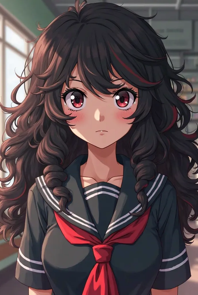 Energetic but calm My Hero Academia. Girl with curly black hair with red highlights and long, . has a black right eye and a red left eye and has a serious expression. she wears the UA uniform and in the background she has a UA school class.