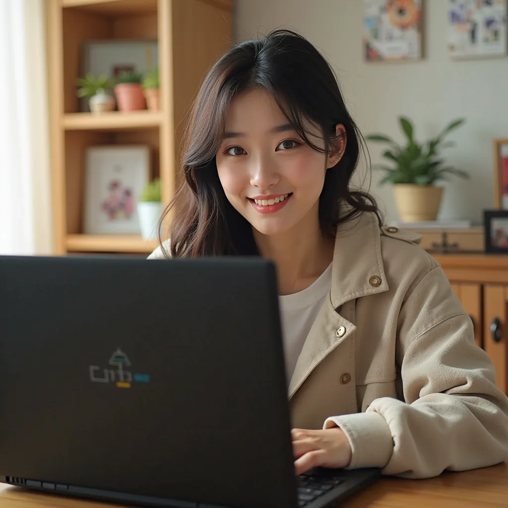 Bright Home 、 private clothes、BLACK Laptop,  real KOREA beautiful women gamer in their 20s、Looking at me and smiling、Both hands on the keyboard