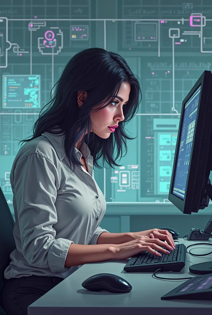 An enterprising intelligent woman working with dark hair in a pixel-style drawing in front of the computer 