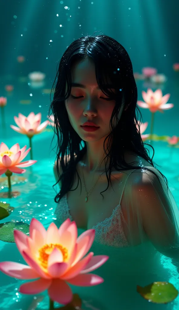 High quality photo from CANON DSLR camera. A dreamy scene of a girl with long black hair soaking wet, emerging from the turquoise water like an angel. She exudes calmness and mystery with her closed eyes and parted lips. She wears a sheer, crystal-clear dr...