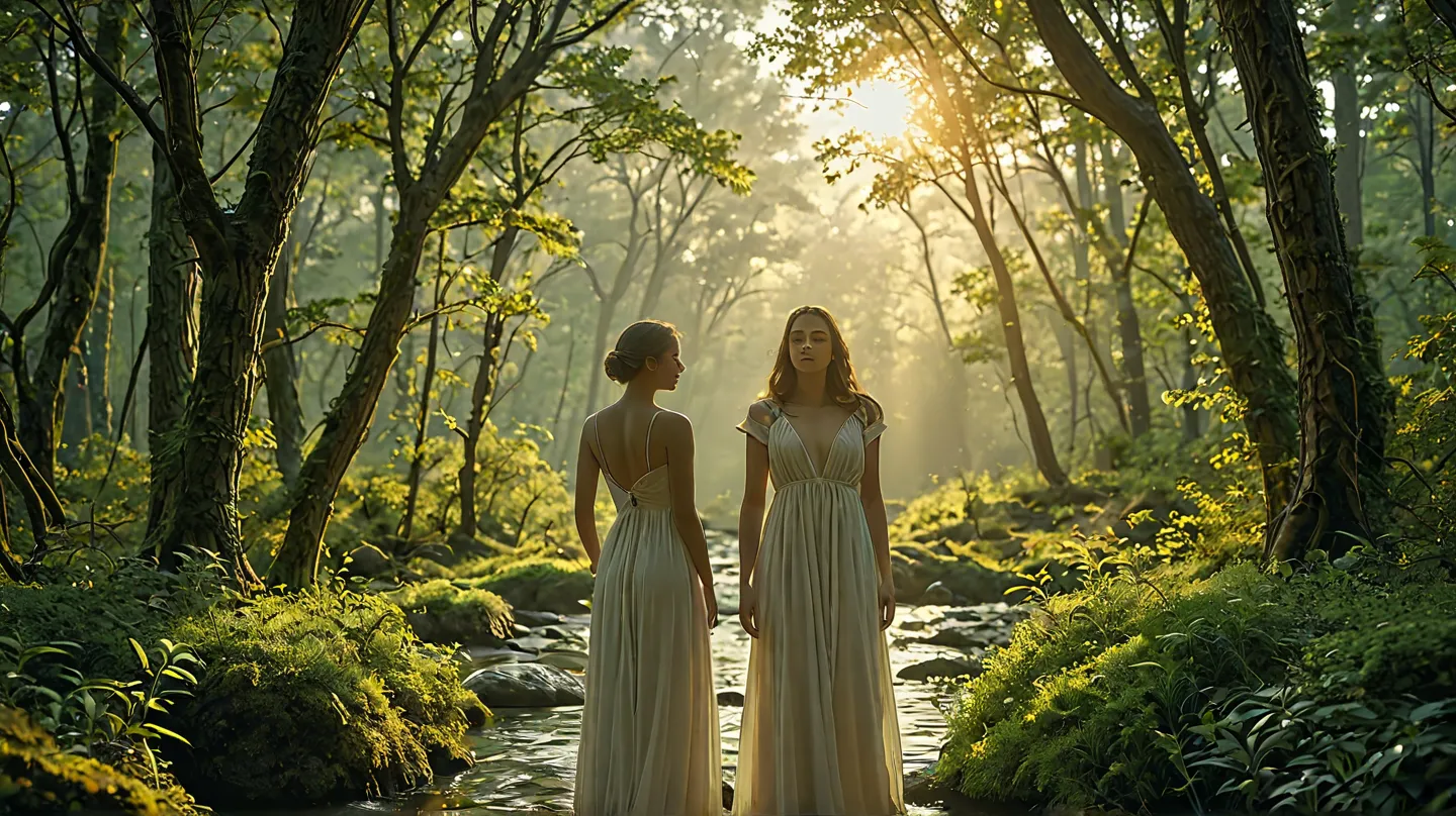 Forest bathing, light, beautiful woman listening to birds singing, back view