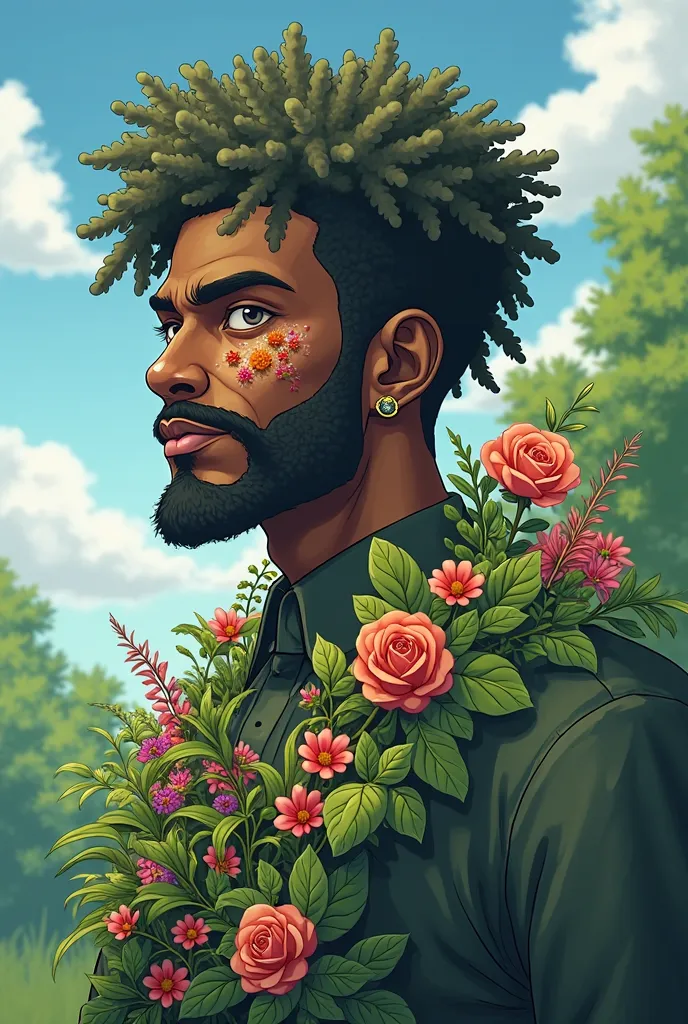 The God of the Earth. black man, Connected to nature, fauna and flora. is smart, fofo, Serious. plants grow on your body and have flowers on your cheeks. Image style: anime. He has no beard or mustache.  I want it to be anime 
