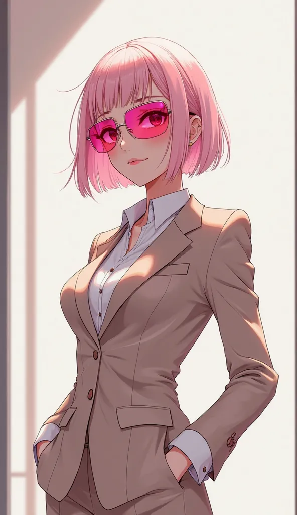 a anime Female with light pink hair  and with hot pink shades and with a suit on