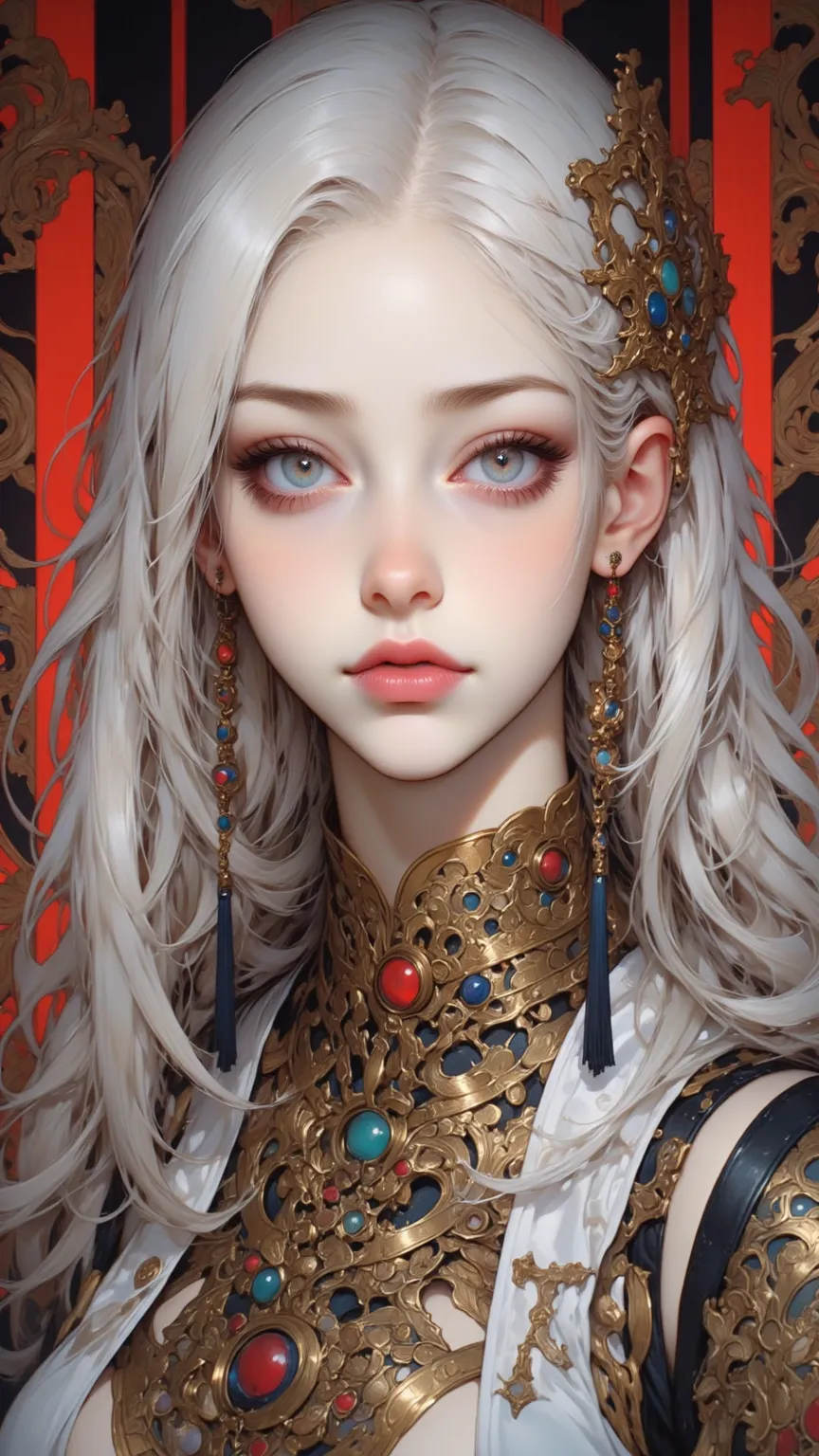 masterpiece，Best Quality，Amazing Quality，Complex Details，Highly ridiculous，1 Girl，Mature eyes，glowing eyes，white hair，Long hair ，Colourful skin（ White Skin ：1.3），soft lips ， Glossy Lips ，Loving smile，Focused eyes，indoor,east asian architecture, dynamic ang...