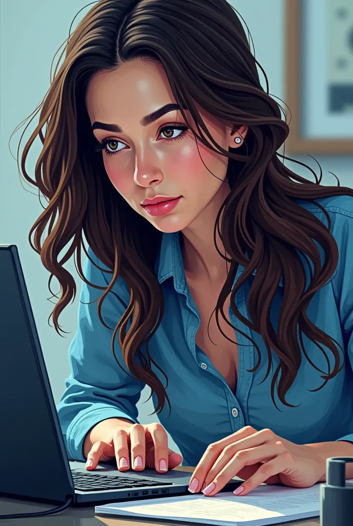 An intelligent enterprising woman working with dark hair in a pixel-style drawing in front of the computer, long brown hair. 