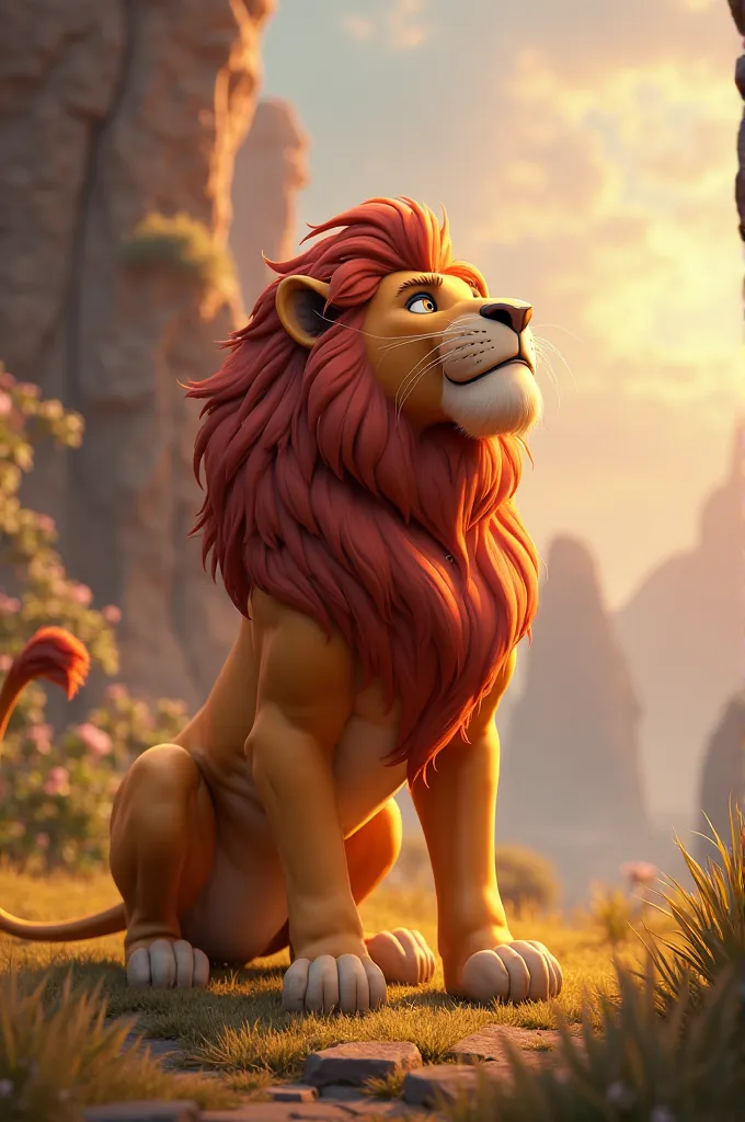 Create an animated lion listening to a voice in the distance