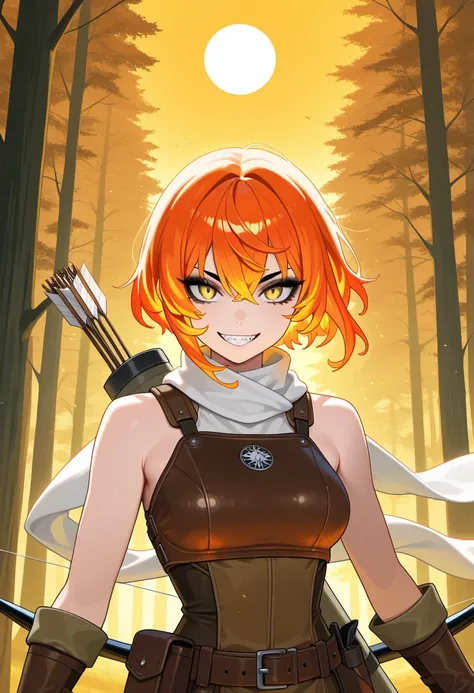 masterpiece,best quality, amazing quality, very aesthetic,newest, 1girl, breasts, weapon, solo, bow, dawn background, sun rising in horizon, fiery orange hair, holding weapon, holding, nocking, medium breasts, holding bow, gloves, looking at viewer, medium...