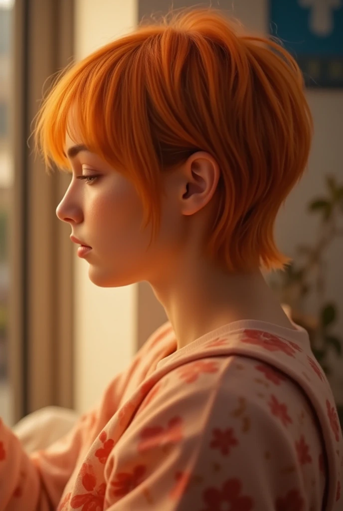 Side profile portrait of a person,
1girl,
Pixie cut, pure orange hair,
Close eyes,
Open mouth,
Indoor
Random light.