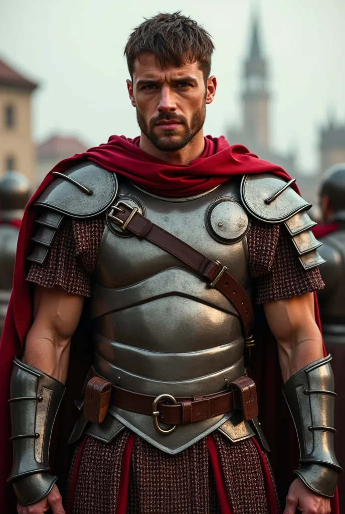 A 30-year-old human man with Roman factions, fair skin and brown hair up to the neck. He has a remarkable appeal with a serene but decisive expression. His eyes are average brown and his build is with normal, denoting strength without being excessively bur...