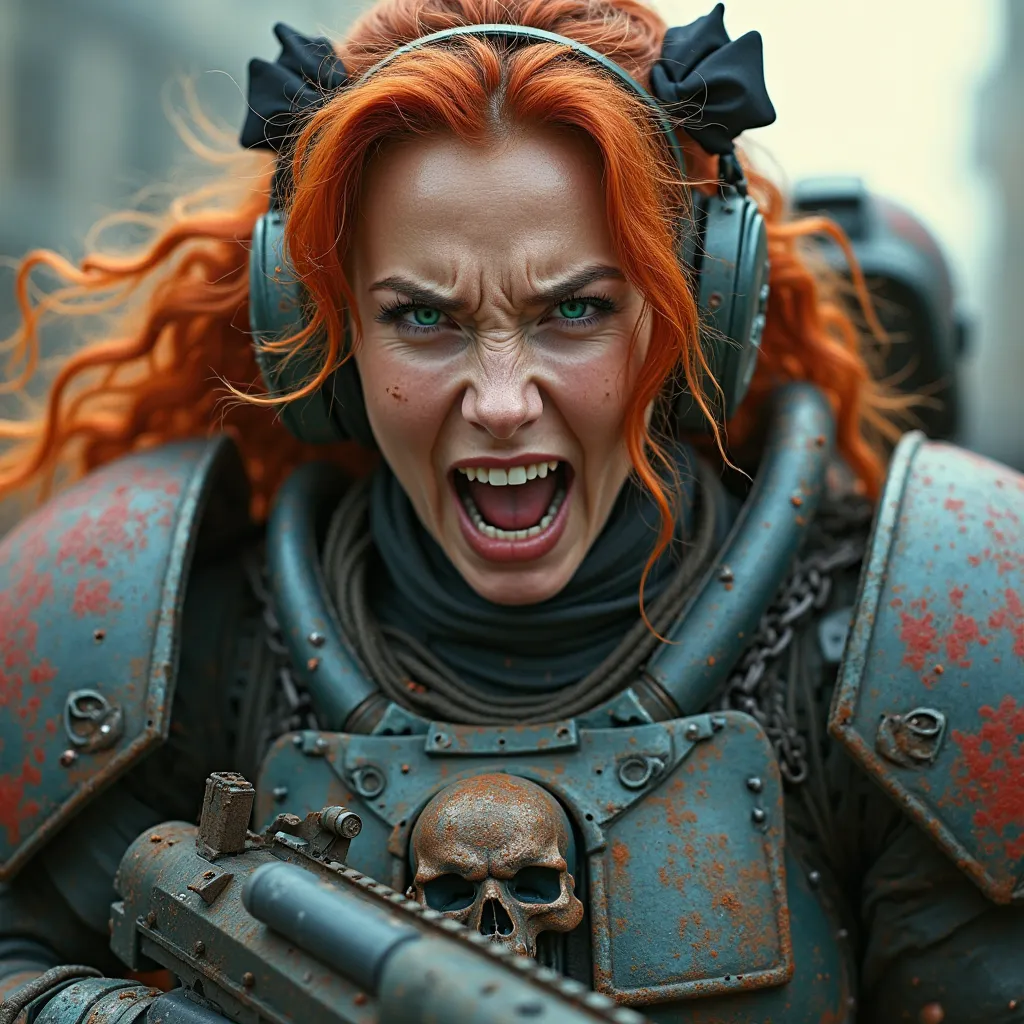 wide shot of a female space marine with skull emblem engraved on her heavy armor, heavy armor with red and blue patterns, a woman with orange-red hair with two bows tied on the sides of her head, angry and screaming with rage and fury in the heat of combat...