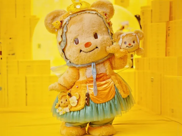 (((butterbearv1))), (((teddy bear))), a picture of a teddy bear holding a teddy bear, yellow magic theme, anime thai girl, synthetic bio skin, happy expressions, shimmer, brown:-2, hot bank, pink face, yellowish full moon, pictorial mark, sponge, magic hea...