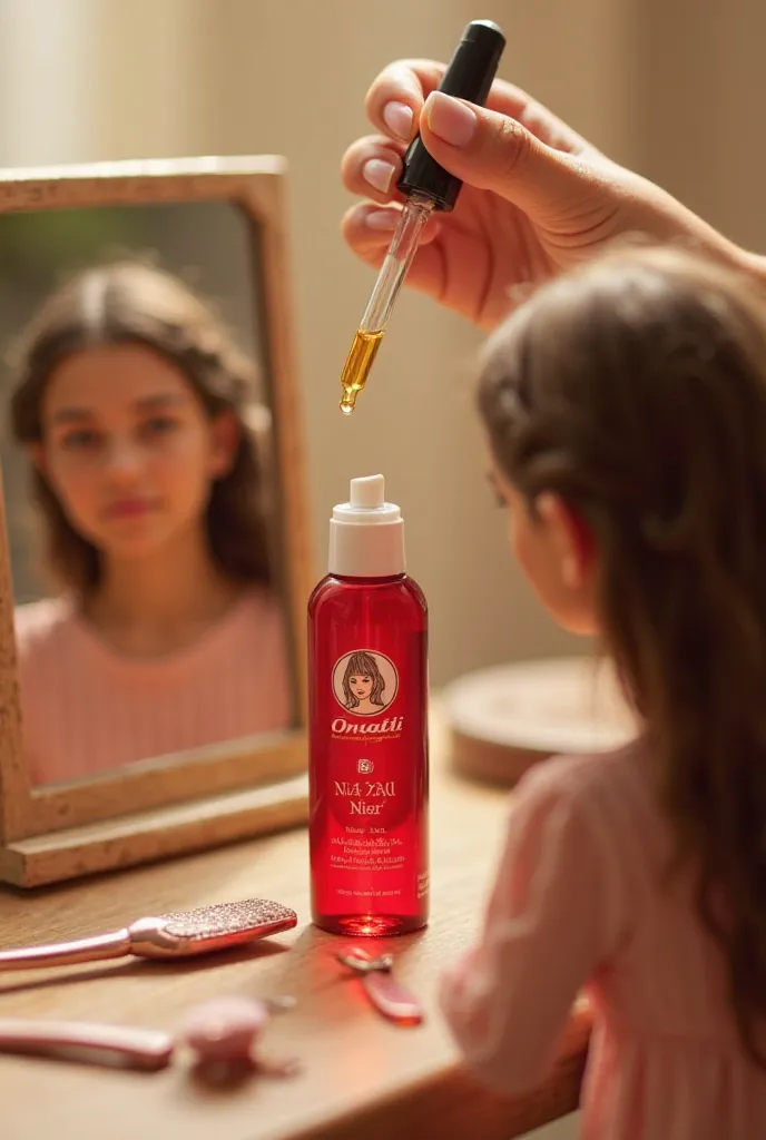 "Realistic image of a miniature woman applying drops of Onatti hair oil to her hair in front of a miniature mirror, miniature hair styling tools scattered around, warm lighting, soft colors, focus on hair health and shine." The bottle of oil is red and the...