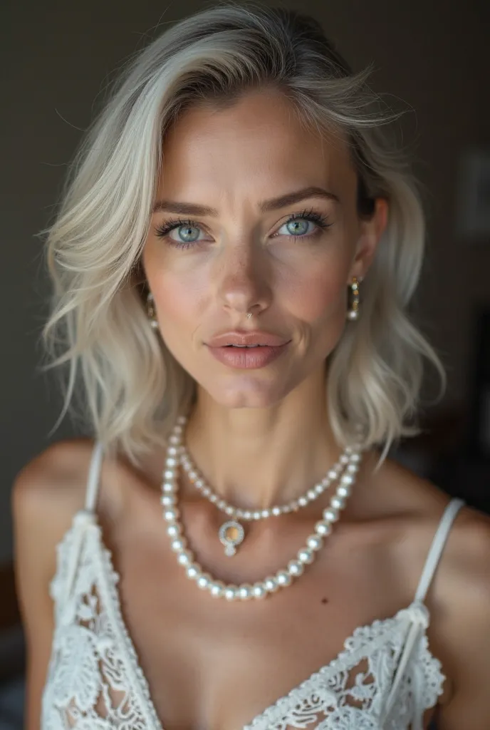 A woman with natural white skin,with gray blonde hair below the shoulders ,sky blue eyes with a serious look and attitude with thick lips and a profiled nose,with a prominent neckline with a pearl necklace and earrings made of the same material with a look...