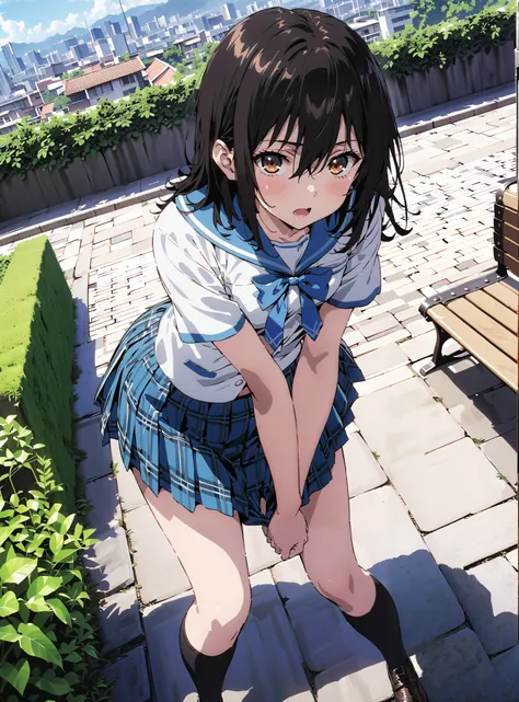 Yukina Himeragi,short hair, black hair, brown eyes, medium chest, mad at my anal,is embarrassing,open your mouth,skirt, bow, school uniforms, pleated skirt, sailor suit, sailor color, blue skirt, plaid , blue bow, black high socks, is standing, bench,bl...