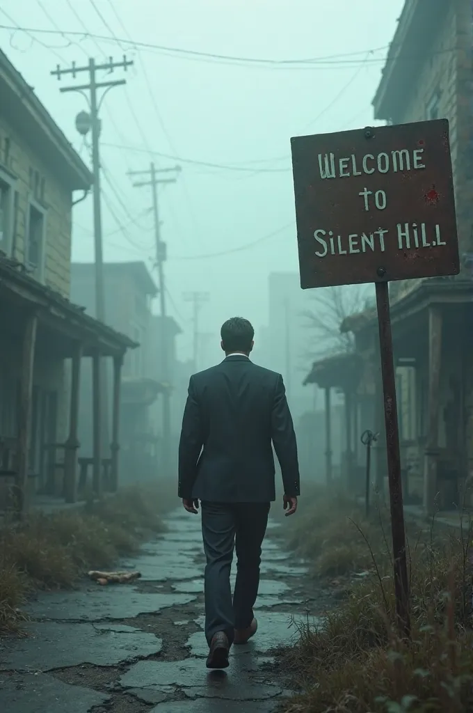 A man walking backwards in an abandoned town covered in fog,on your right a rusty sign that says WELCOME in SILENT HILL (( cinema quality in 4K very detailed realism))