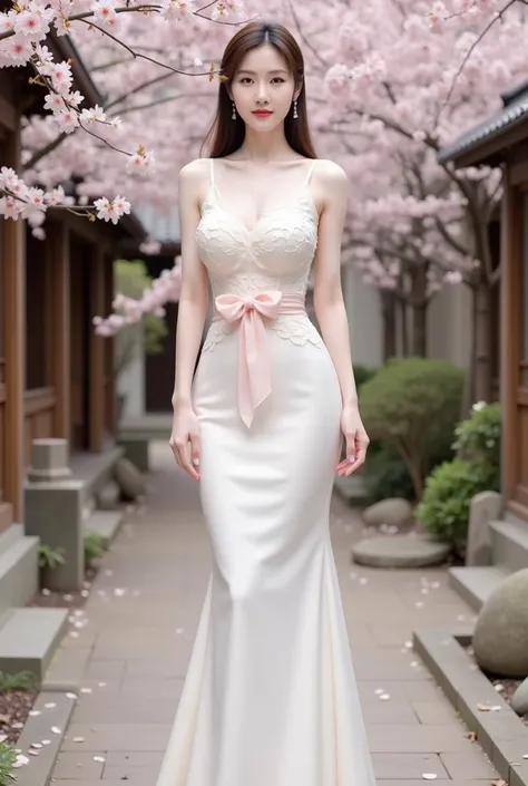 a woman standing elegantly in an outdoor setting adorned with cherry blossoms. She is wearing a fitted, ivory-colored gown featuring delicate floral lace details on the bodice and a soft pink bow around her waist. The dress has thin straps and flows gracef...