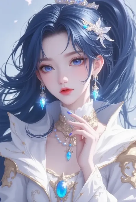 1 girl, long dark blue hair in high ponytail, blue eyes, wearing fantasy style clothes, absurdres, hightres, ultra sharp, 8k, masterpiece, looking at viewer, anime, face front towards viewer, fantasy background