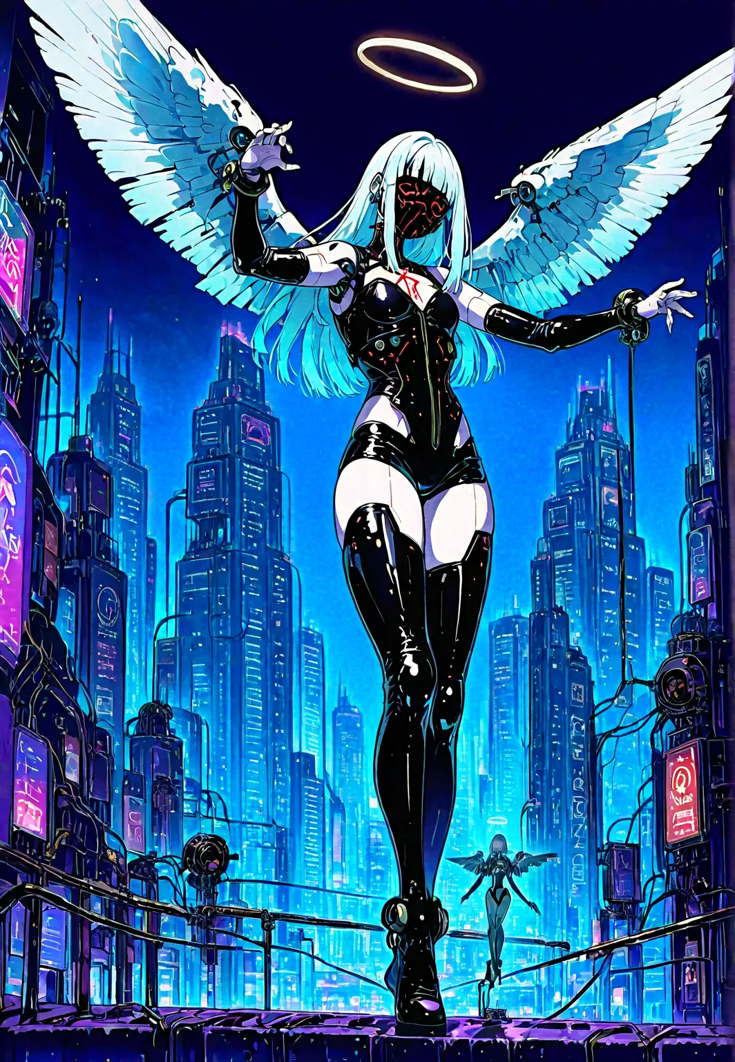 front view: Angel girl, white skin, white wings , latex costume,  robotic circuits , breasts, devices futuristic,  (( crucifixion pose )), circuits, . Background: cyberpunk city. dark atmosphere.