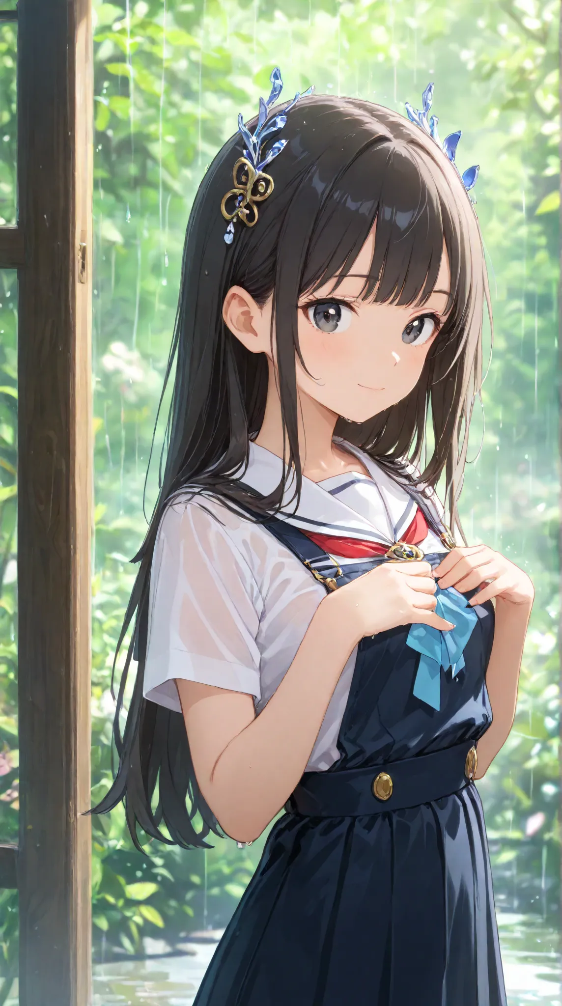 masterpiece,large breasts, long hair, (Black Hair 1.5) , bangs, （1 girl 1.5）,big eyes, Hair Ornaments , 18 years old、Bust Focus、viewers，full body,,cheerful, sailor suit、rain