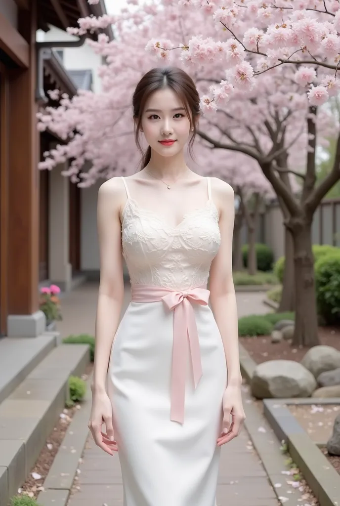 a woman standing elegantly in an outdoor setting adorned with cherry blossoms. She is wearing a fitted, ivory-colored gown featuring delicate floral lace details on the bodice and a soft pink bow around her waist. The dress has thin straps and flows gracef...