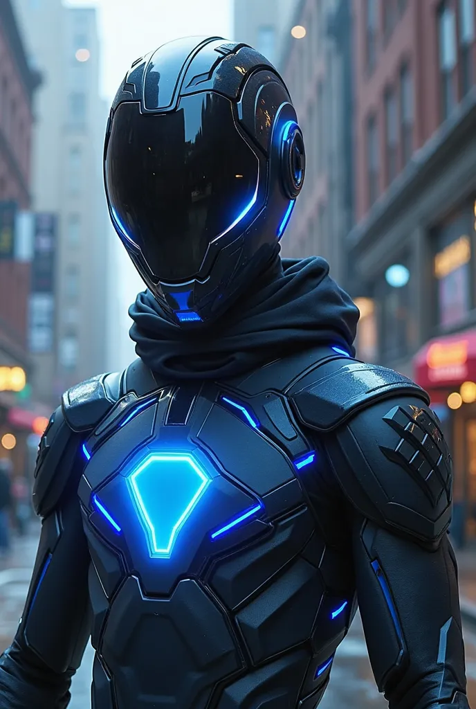 A hero named Bryan in a high-tech suit, flexible and resistant in black and electric blue. visible His helmet has a partial visor that keeps it partially hidden , leaving his cartoon face visible and that the name Bryan stands out in the suit 